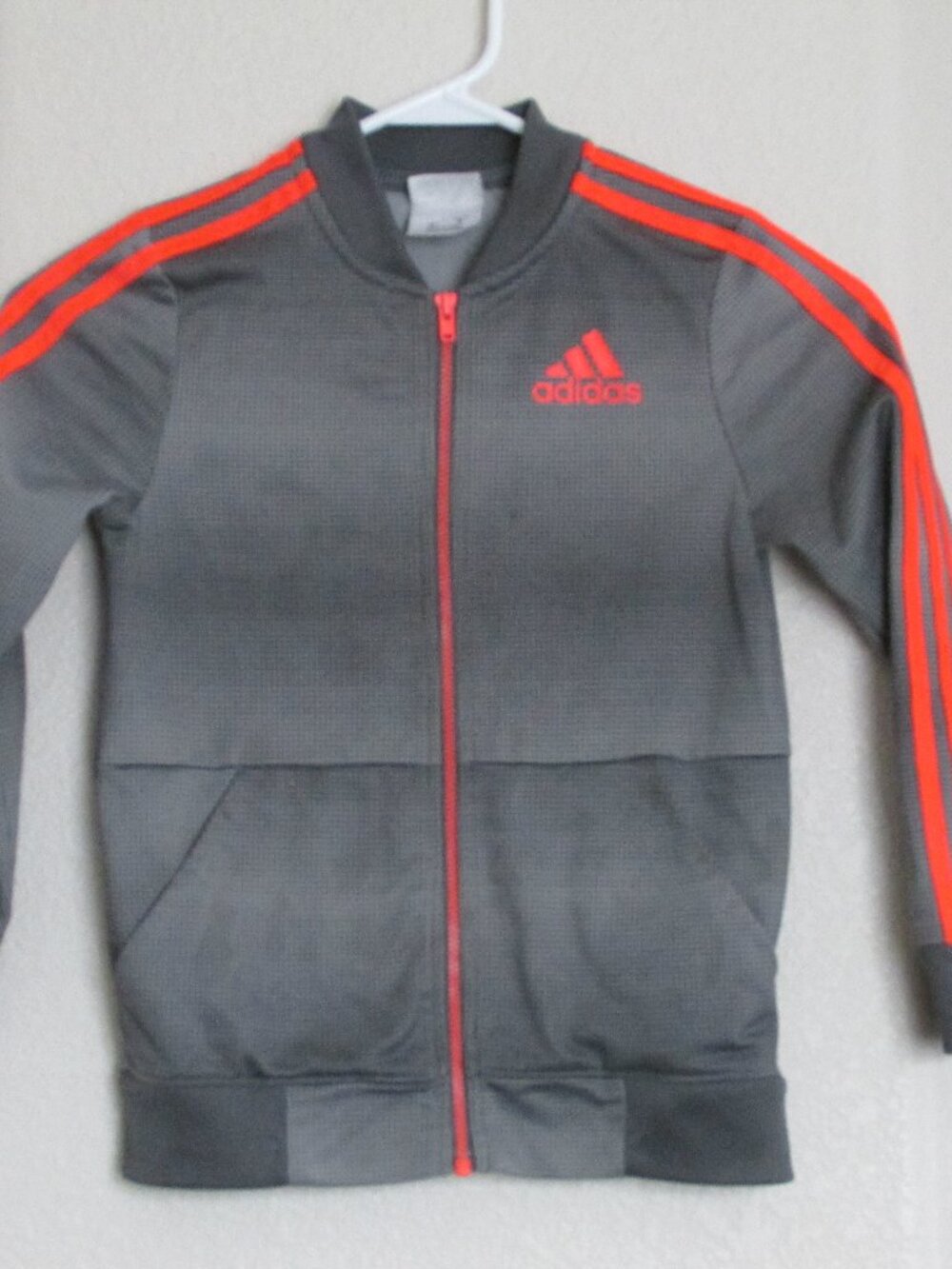 Adidas Zip Front Jacket Youth Boys Size 6 Gray Orange Stripe Long Sleeve Pockets